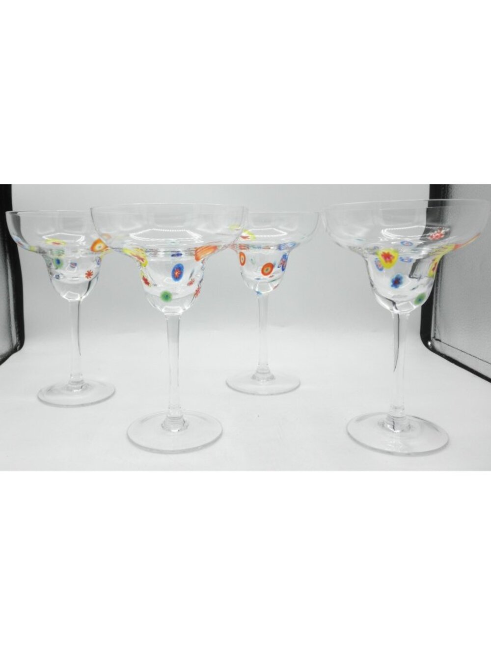 Crate & Barrel Hand Blown Margarita Millefiori Clear Glasses 7 In. Tall Set of 4